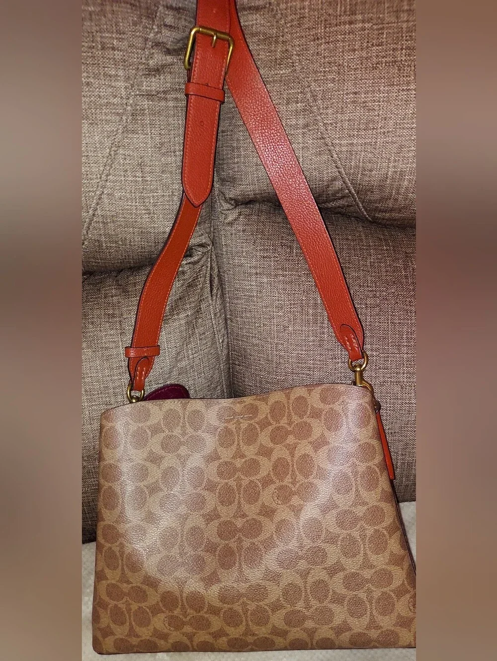 Signature Pattern Shoulder Bag in Brown with Orange Strap
